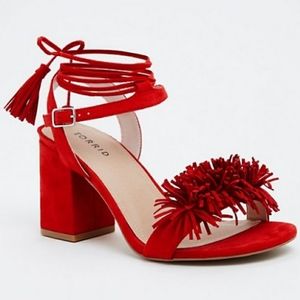 Red Suede Fringe Heeled Sandals